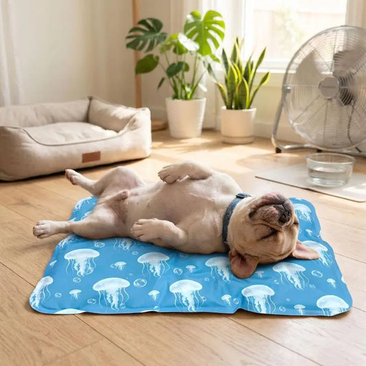 Dog stretched out on a self-cooling gel mat in a living room