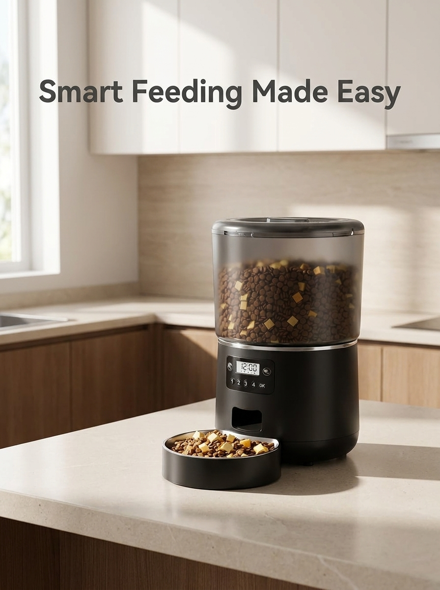 Automatic pet feeder on a kitchen counter