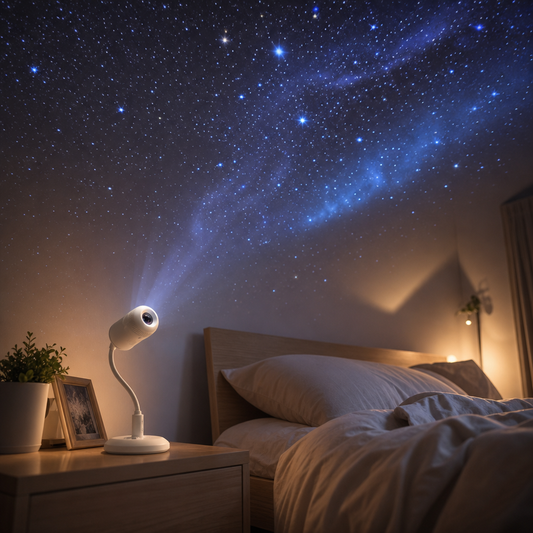 Projected starlight across a dark bedroom ceiling