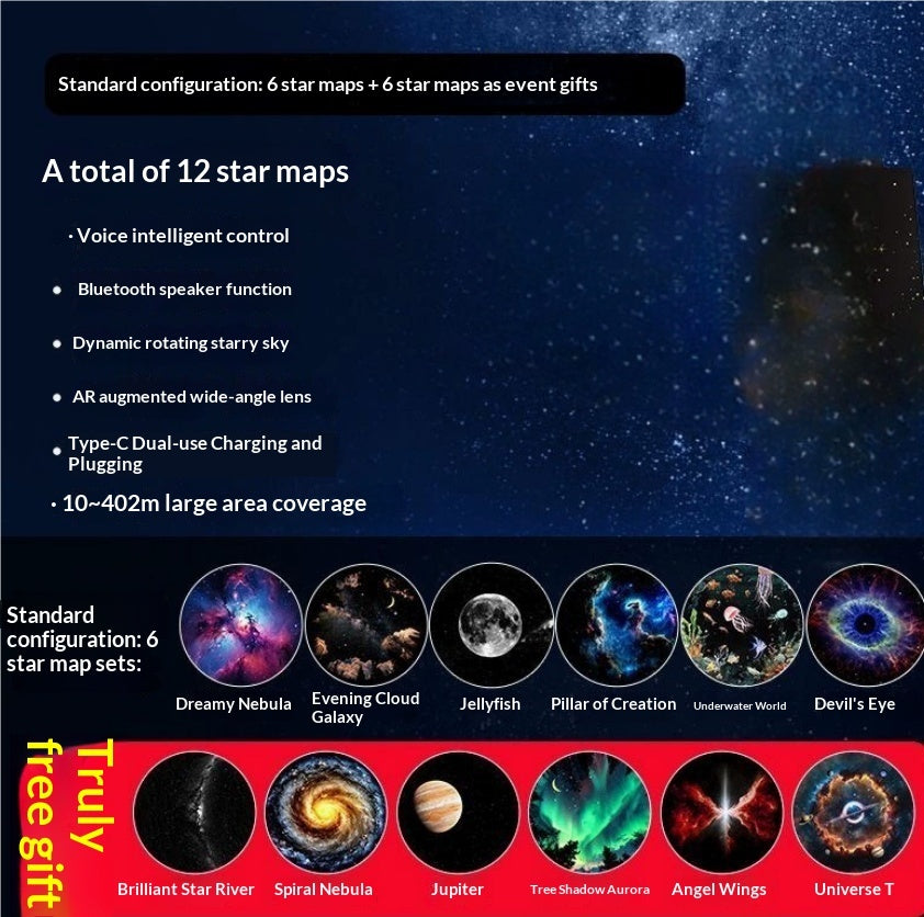 Projection night light casting stars and galaxy pattern on bedroom ceiling