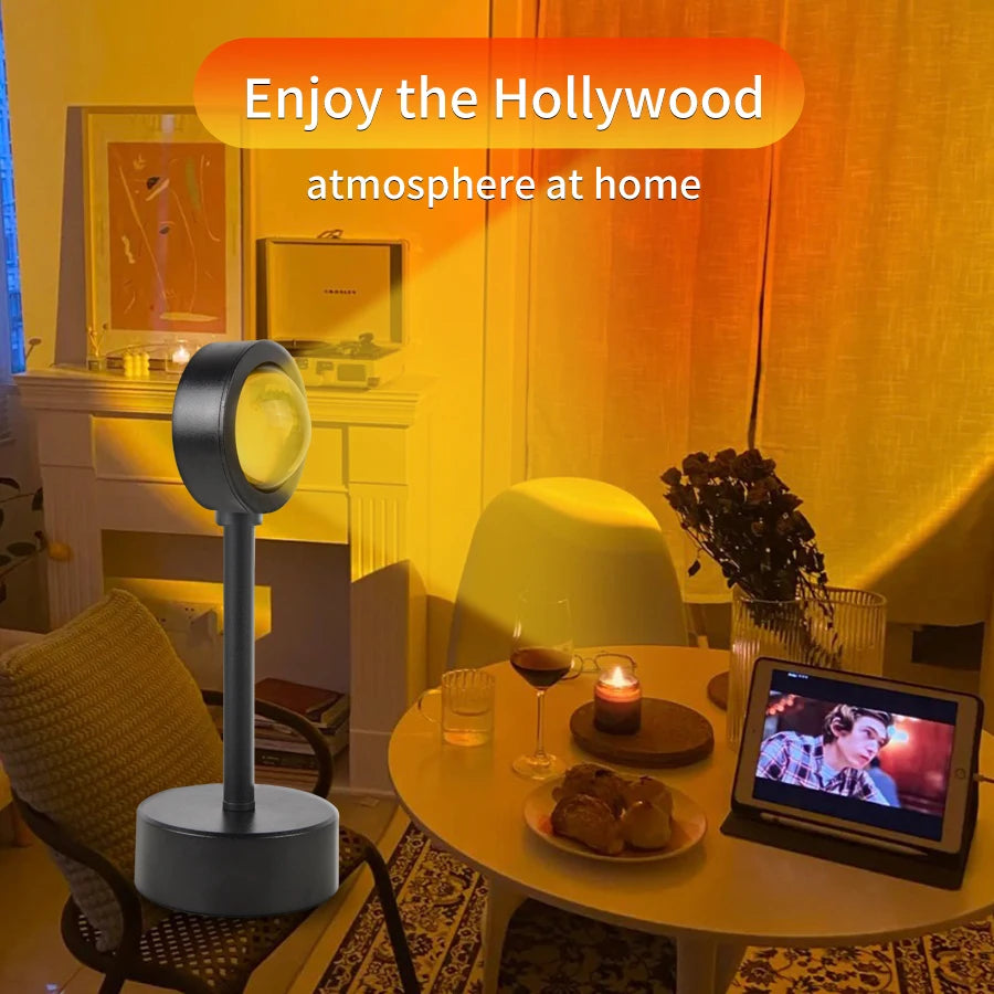 Sunset projector lamp lighting up living room with warm ambient colors