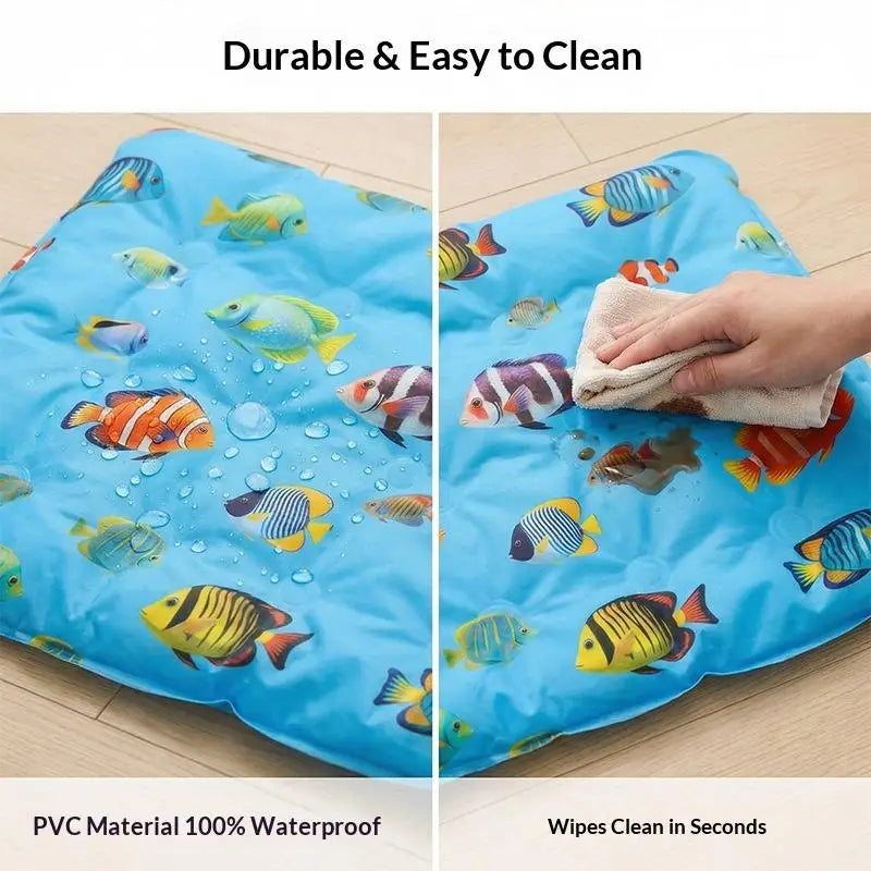 Cooling pet mat rolled up for portable indoor and outdoor use