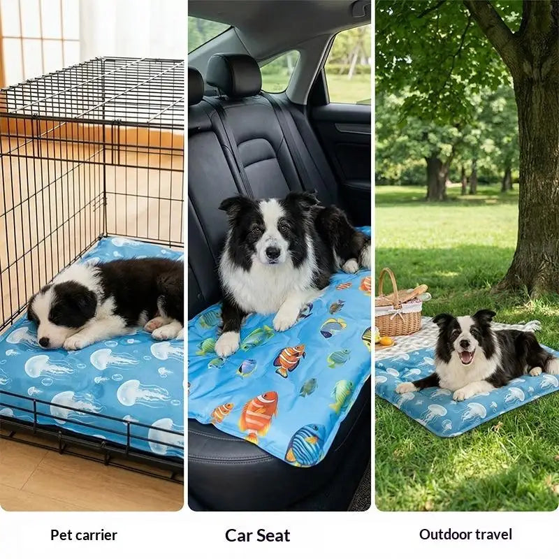 Dog relaxing on cooling gel mat during hot summer weather