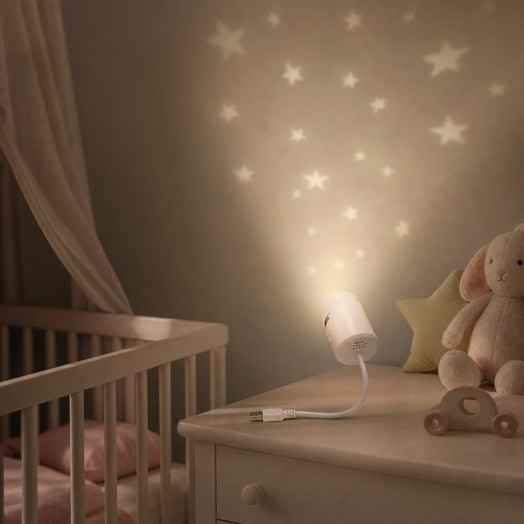 Star projector night light glowing softly in nursery beside crib