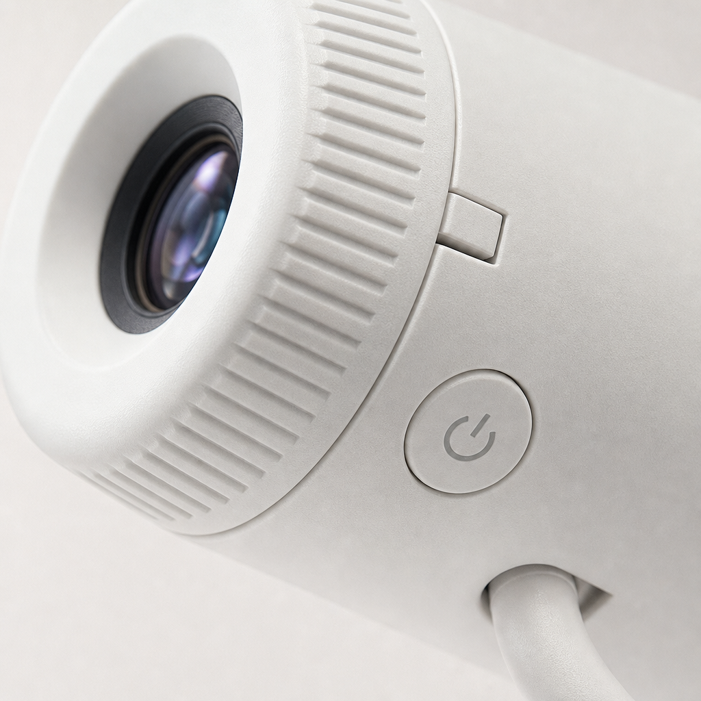 Close-up of touch-sensitive power button and lens on projection lamp