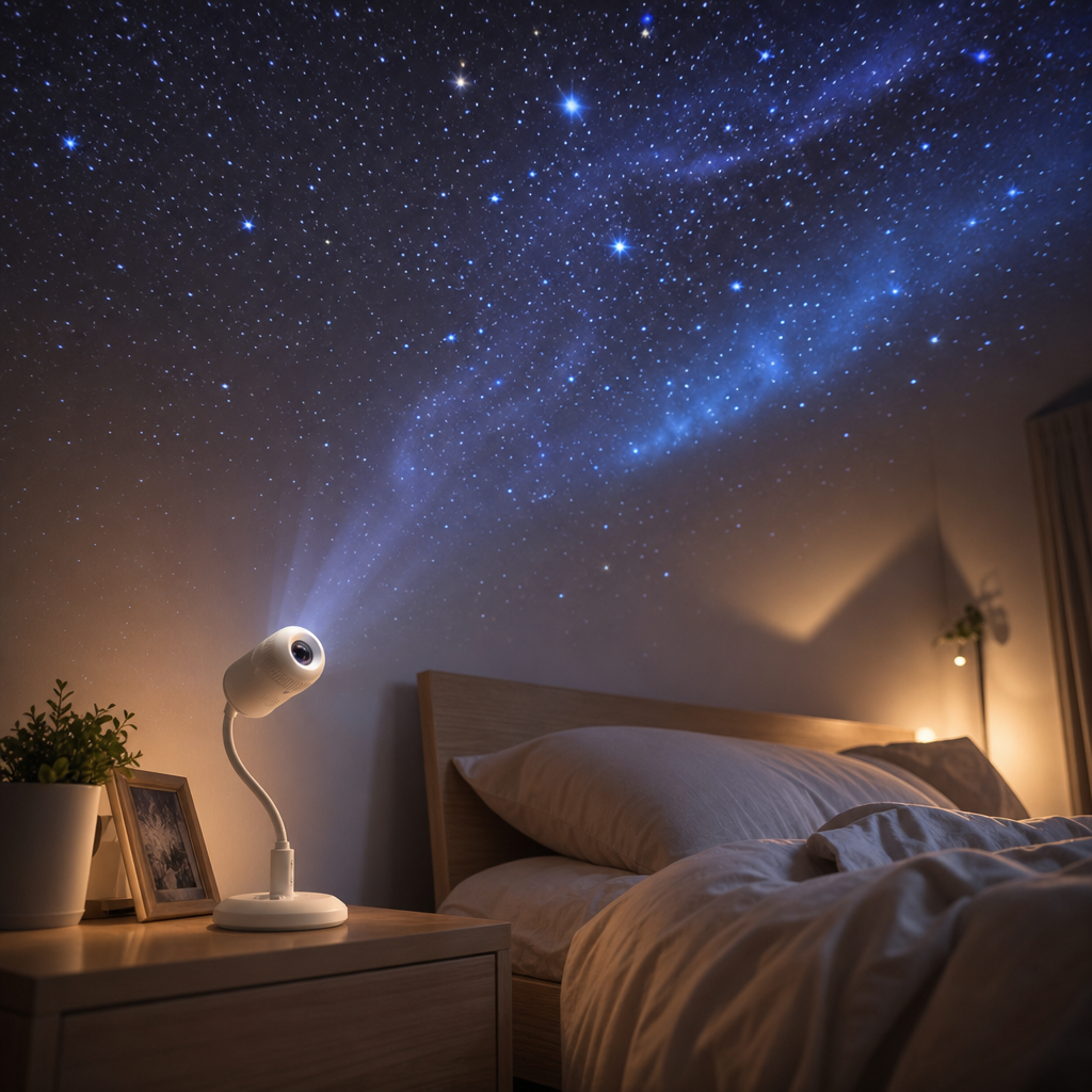 Projection night light casting starry galaxy across bedroom ceiling