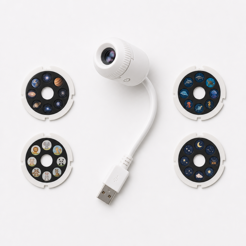 Projection lamp with four interchangeable star, ocean, animal, and night sky film slides