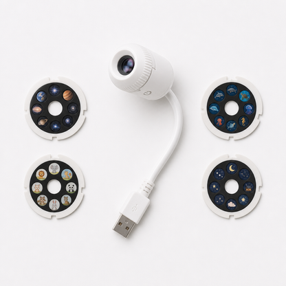 Projection lamp with four interchangeable star, ocean, animal, and night sky film slides